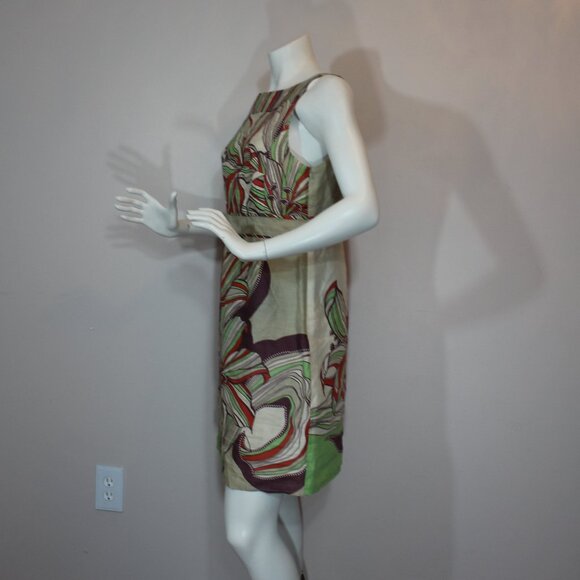 Rene Derhy beige   floral linen blend lined sleeveless side zip dress size Large - Picture 2 of 8